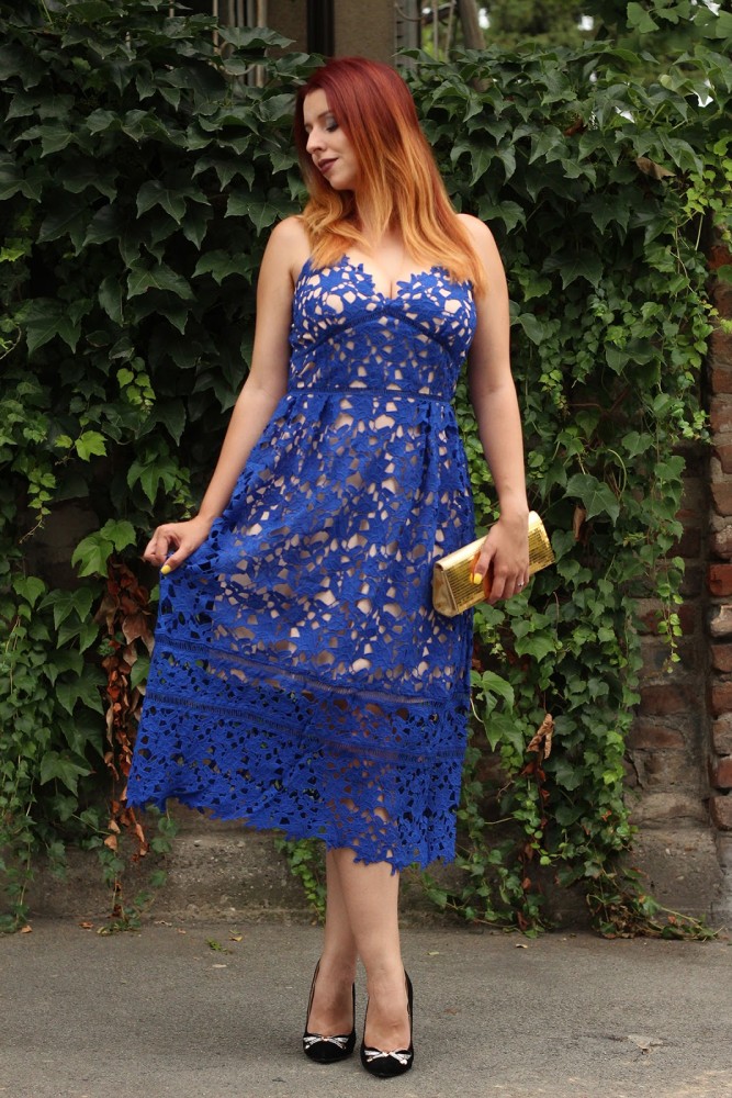 Royal Blue Lace Hollow Out Nude Illusion Party Dress