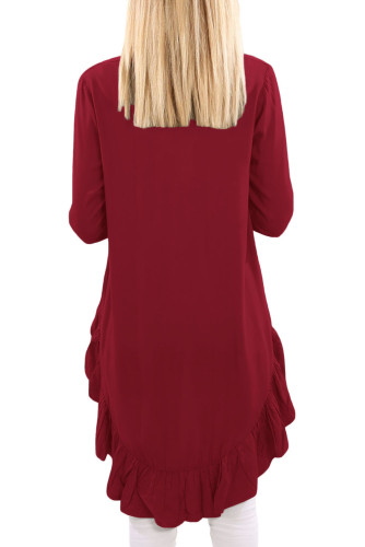 Purplish Red V Neck Longer Frilled Hemline Back Top