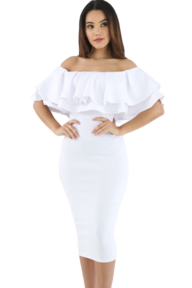 White Layered Ruffle Off Shoulder Midi Dress