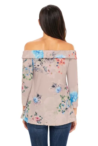 Gray Floral Off Shoulder Crisscross Top