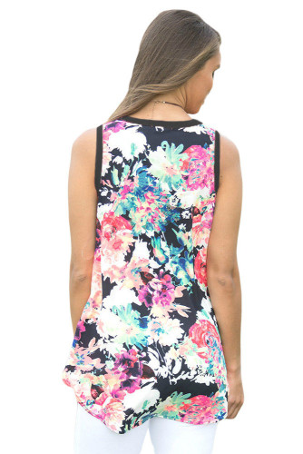 Black Front Floral Print Back High-low Hem Tank