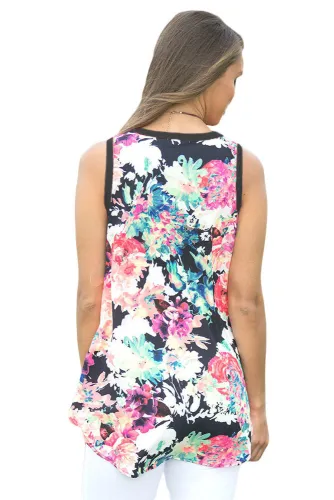 Black Front Floral Print Back High-low Hem Tank