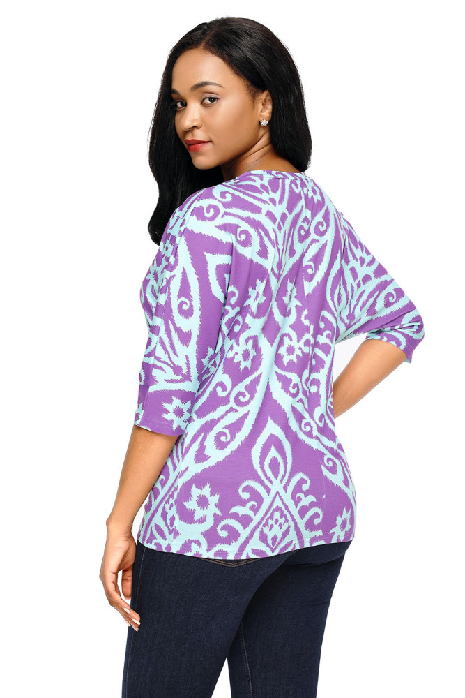 Purple Aqua Damask Print Half Sleeve Top