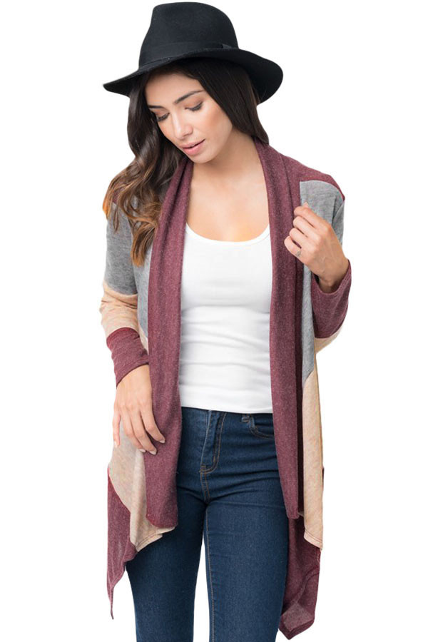Wine Shawl Neck Colorblock Long Sleeve Cardigan
