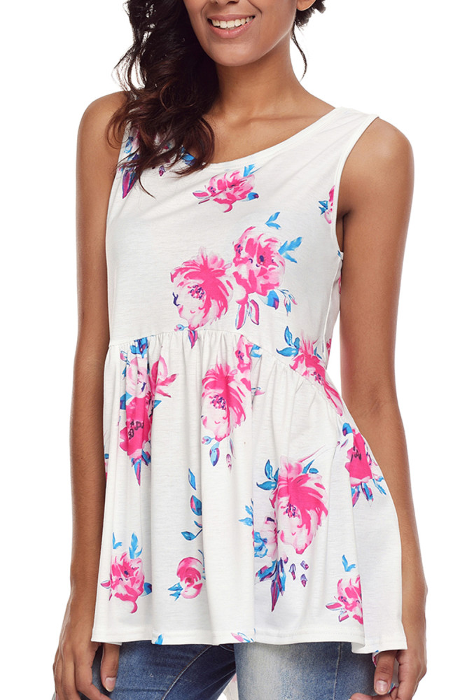 White Blooms Floral Print Sleeveless Babydoll Tank