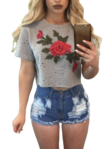 Grey Embroidered Flower Broken Hole Crop Top