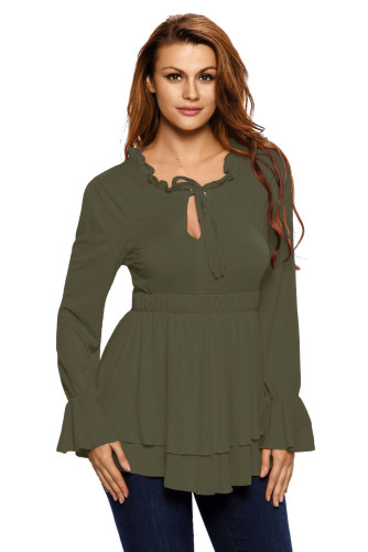 Olive Drawstring V Neck Elastic Long Sleeve Top