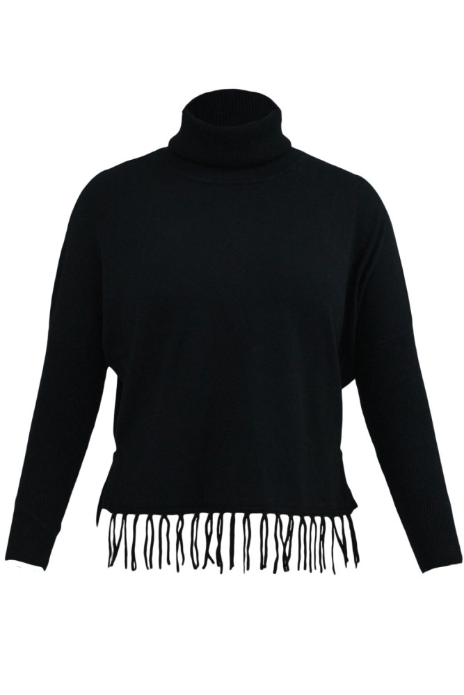 Black Turtleneck Fringe Hemline Tunic Sweater