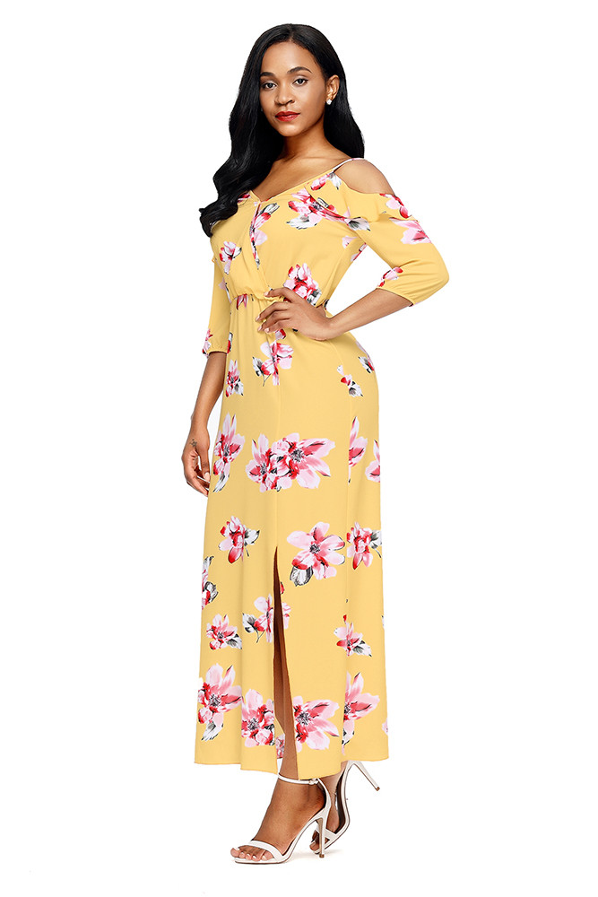 Yellow Cold Shoulder Floral Slit Maxi Dress