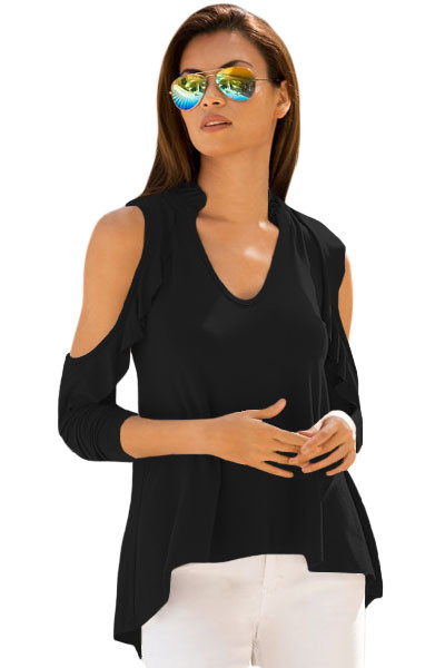 Black Cold Shoulder Ruffle Top