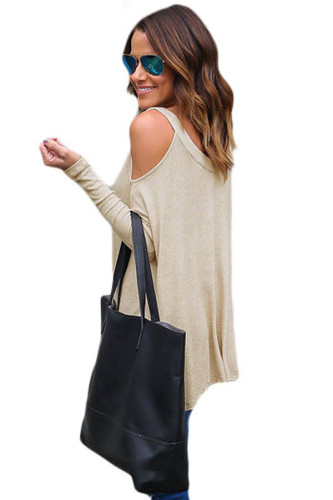 Beige Long Sleeve Relaxed Fit Cold Shoulder Top