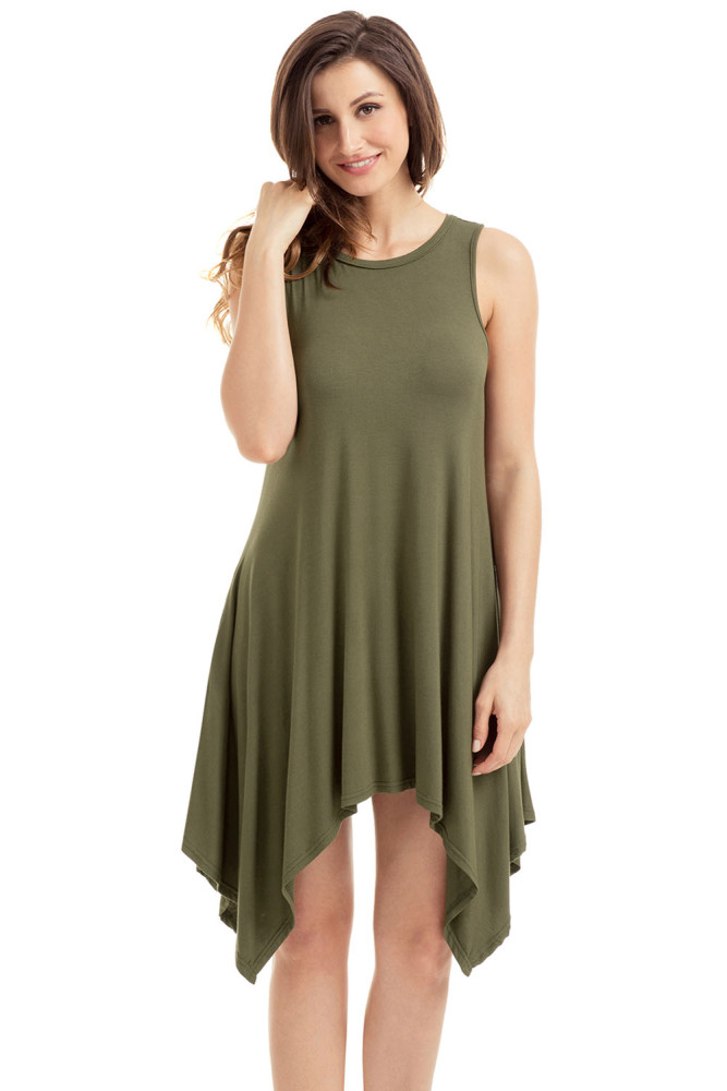 Army Green Draped Asymmetric Hemline Sleeveless Jersey Dress