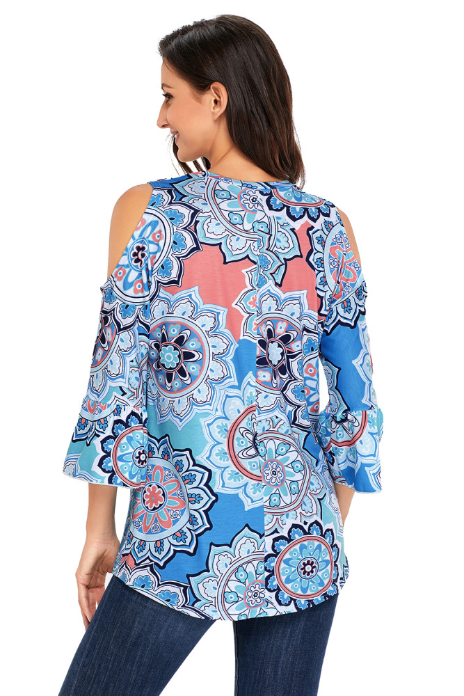 Blue Cold Shoulder Criss Cross Floral Blouse