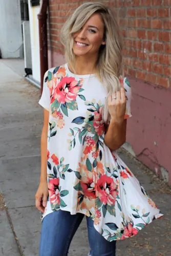 White Floral Short Sleeve Tunic