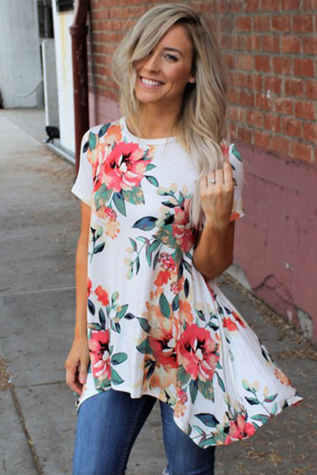 White Floral Short Sleeve Tunic