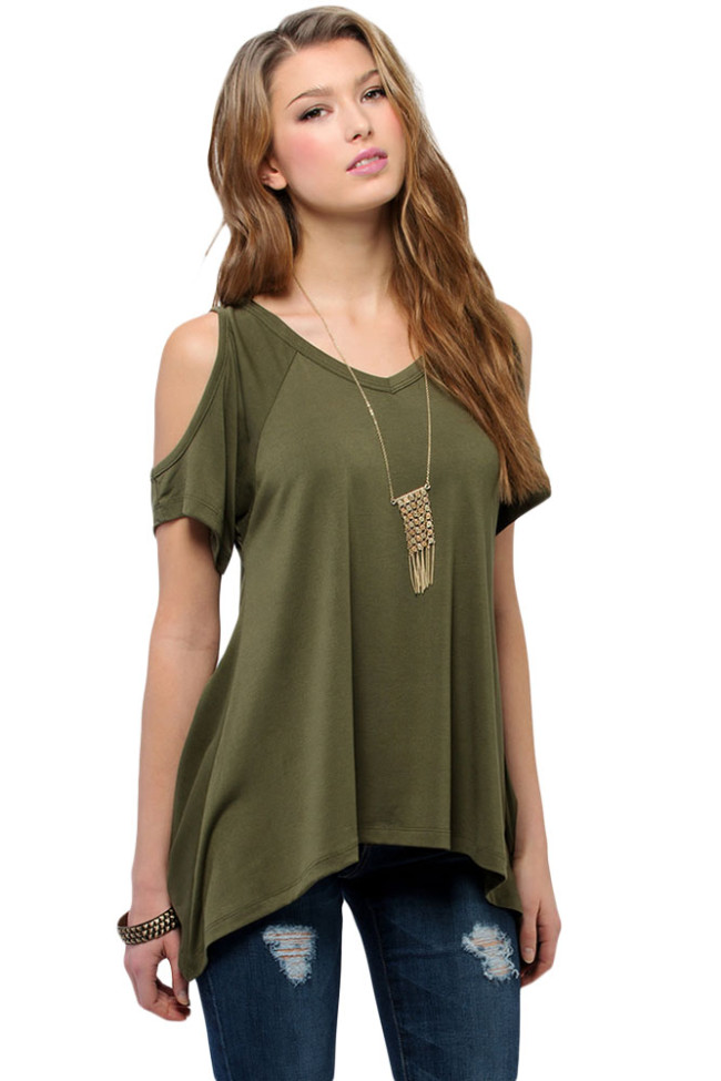 Army Green V Neck Cold Shoulder Swing Top