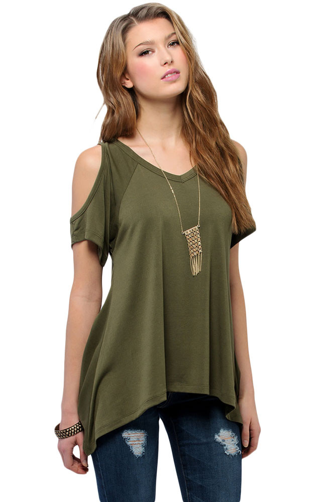 Army Green V Neck Cold Shoulder Swing Top