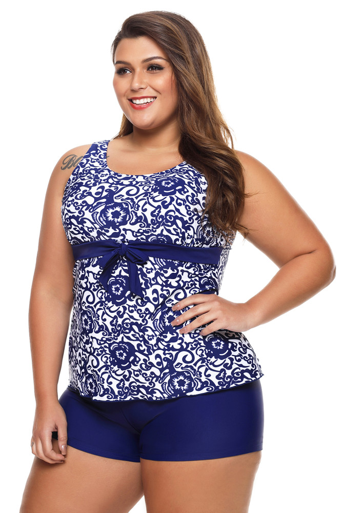 Navy Damask Floral Print Bowknot Detail Tankini Set