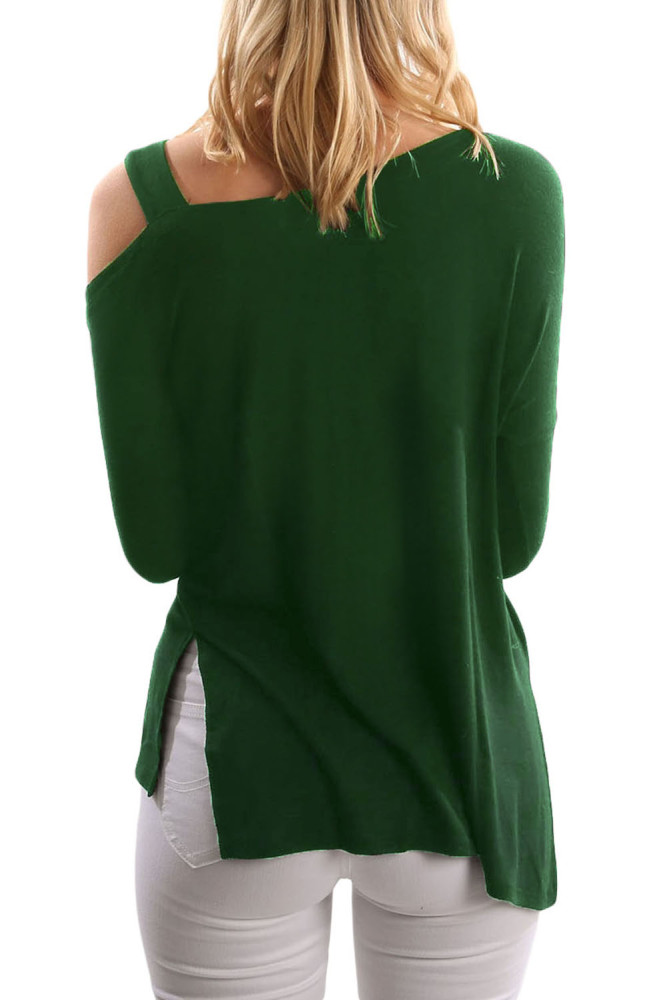 Green One Shoulder Long Sleeve Top with Slit