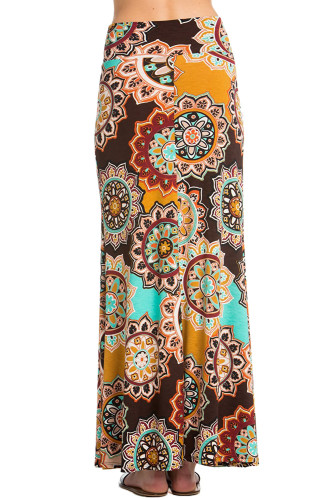 Brown Yellow Bohemian Print Maxi Skirt