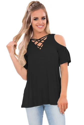 Black Crisscross Front Cold Shoulder Ruffle Sleeve Top