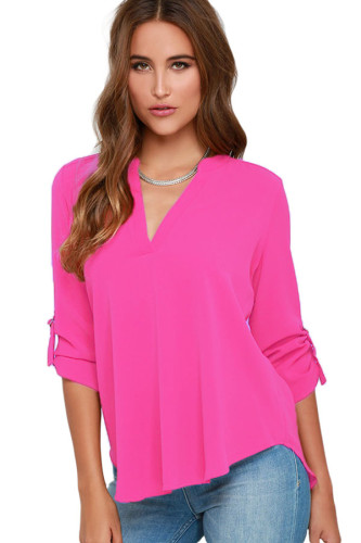 Rosy V Neck Loose Fitting Chiffon Blouse