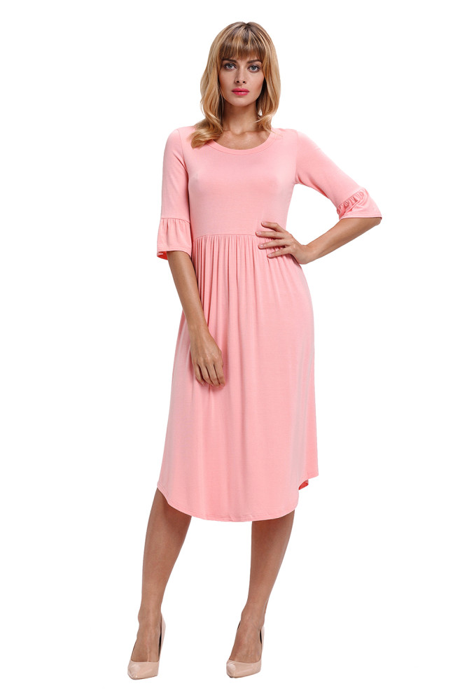 Pink Ruffle Sleeve Midi Jersey Dress