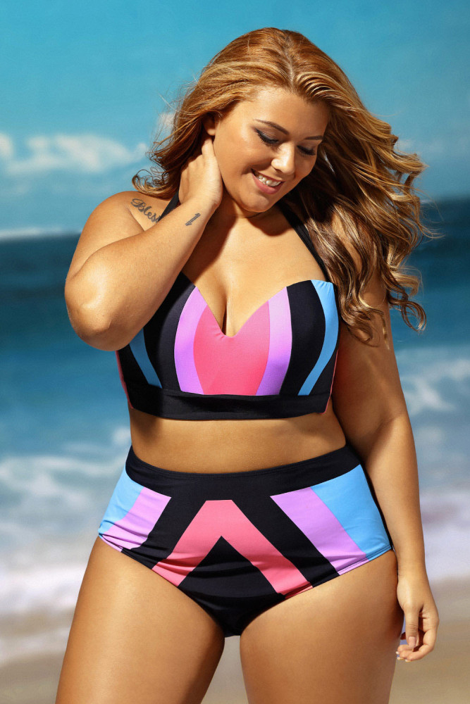 Plus Size Strapped Color Splice Two Piece Swimwear