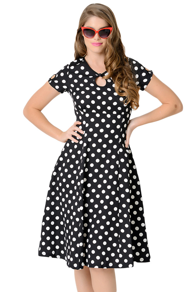 Black & White Dotted Cap Sleeve Swing Dress