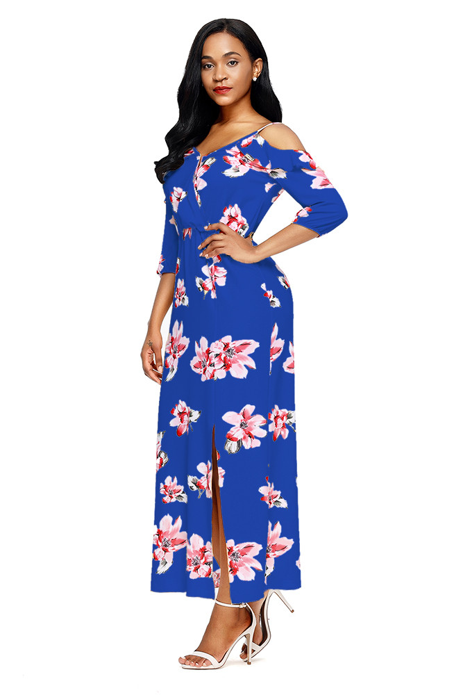 Blue Cold Shoulder Floral Slit Maxi Dress