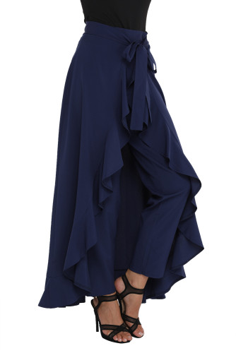 Navy Chiffon Tie-Waist Ruffle Palazzo Pants