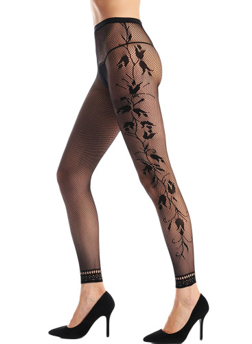 Black Fishnet Floral Opaque Footless Tights Pantyhose