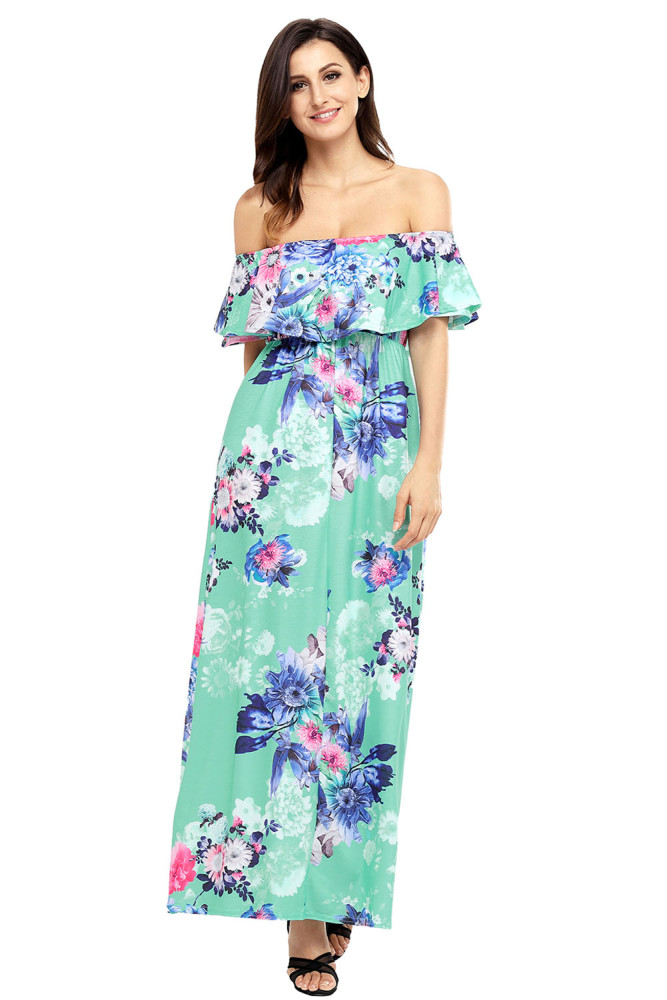 Flower Print Mint Grounding Off Shoulder Long Boho Dress