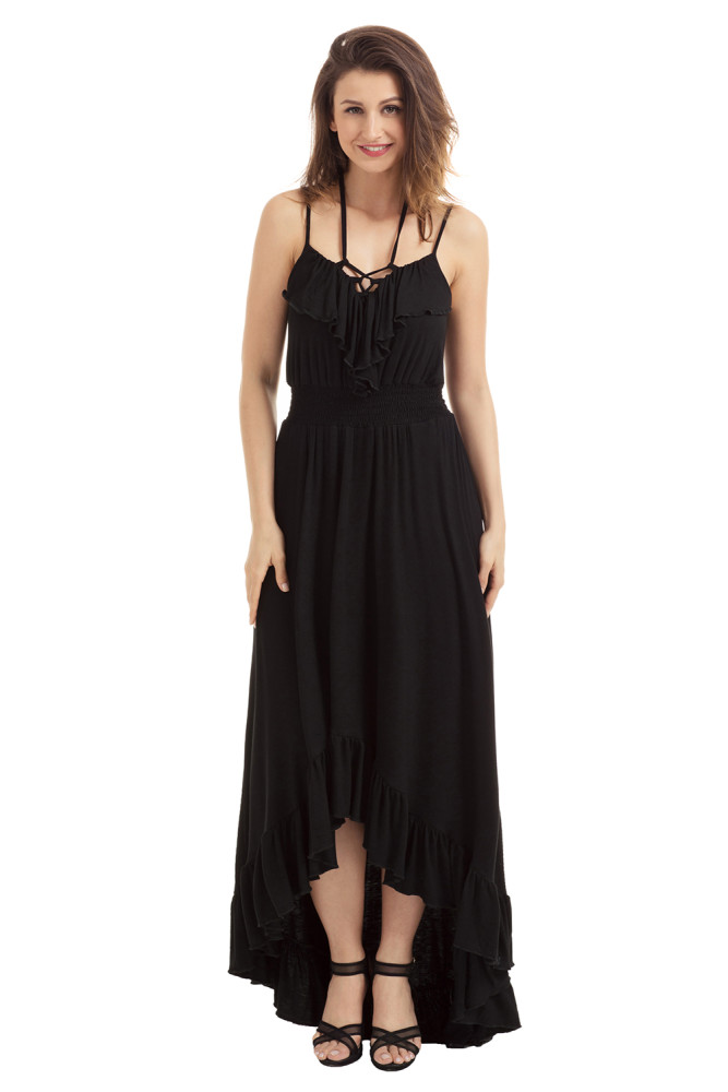 Black Lace Up V Neck Ruffle Trim Hi-low Maxi Dress