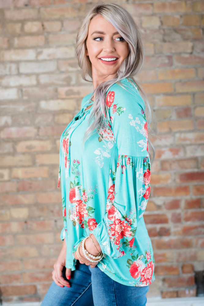 Turquoise Floral Criss Cross Long Sleeve Top