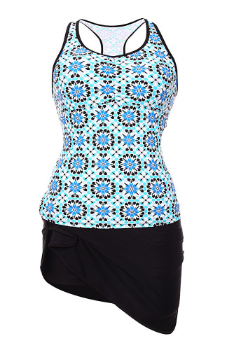 Abstract Print Racerback Tankini Blue Skort Swimsuit