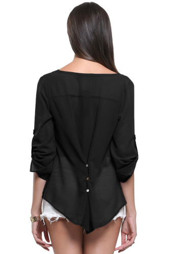 Black V-Neck Button Detail Dip Back Blouse Top