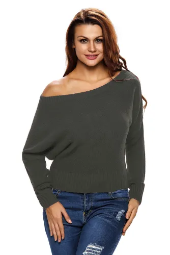 Grey Off Shoulder Lightweight Chunky Sweater