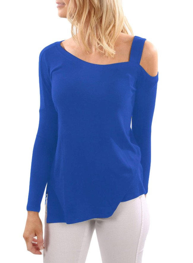 Blue One Shoulder Long Sleeve Top with Slit