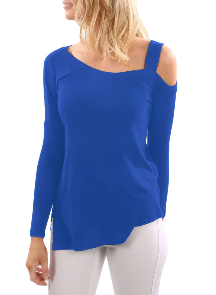 Blue One Shoulder Long Sleeve Top with Slit
