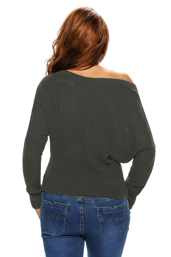 Grey Off Shoulder Lightweight Chunky Sweater