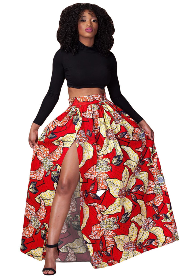 Red Floral Printed High Split Maxi Skirt