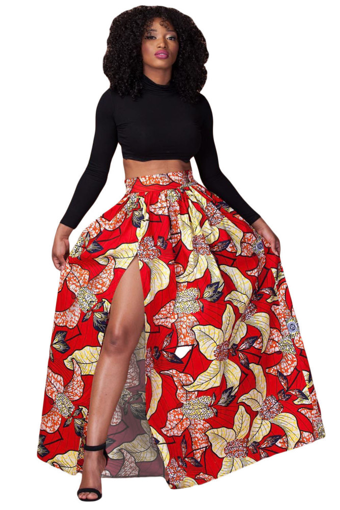 Red Floral Printed High Split Maxi Skirt