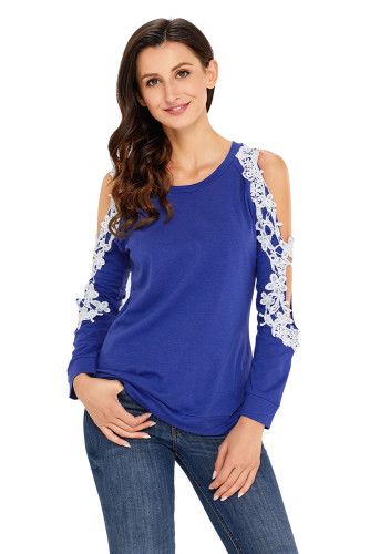Lace Trim Cold Shoulder Royal Blue Long Sleeve Top