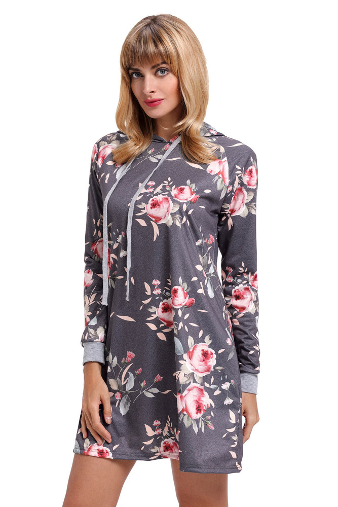 Grey Floral Print Drawstring Hoodie Dress