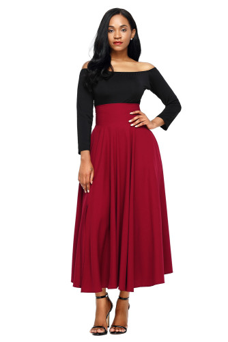 Red Retro High Waist Pleated Belted Maxi Skirt