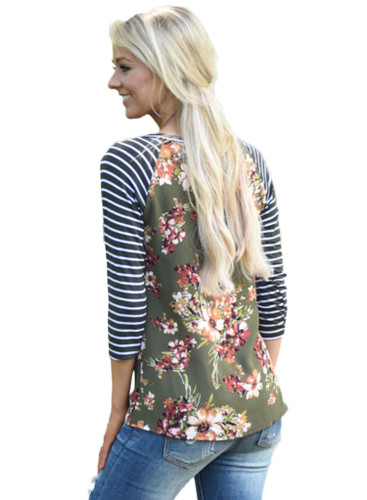 Olive Striped Sleeves Floral Top