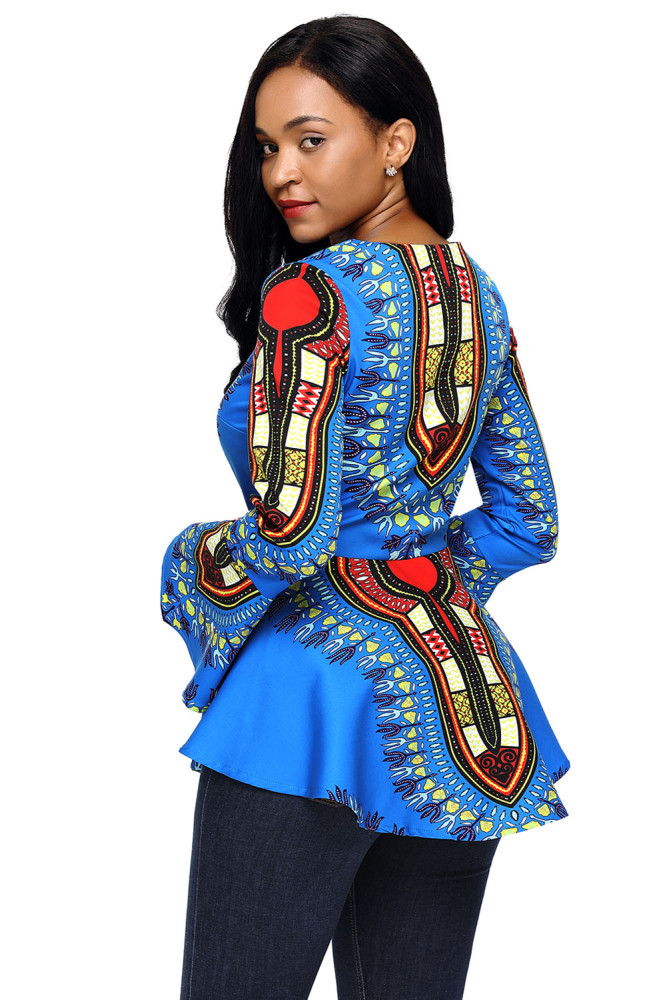Blue African Print Zipper Front Long Sleeve Top