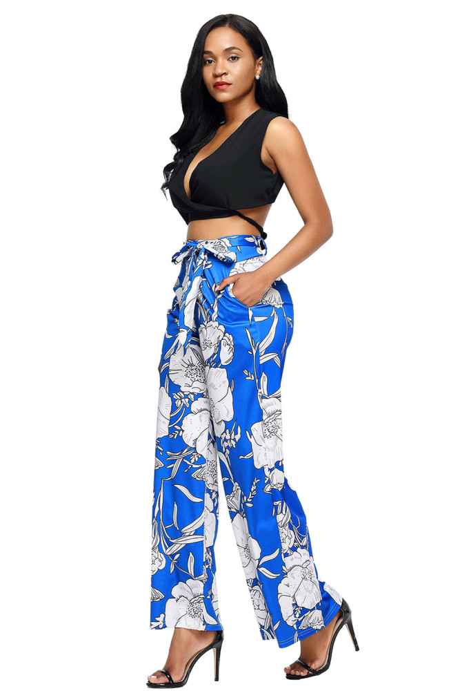Blue White Floral Print Palazzo Pants
