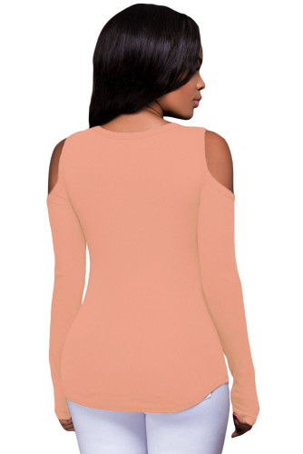 Pink Long Sleeve Cut-out Shoulder Ribbed Top